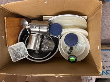 Box lot of storage containers, serving trays, cooking utensils and colanders