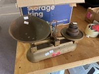 Antique R. E. Batger Sydney "Ajax" counter balance scale with scoop & weights
