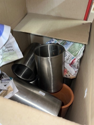 boxed lot of wine coolers - stainless steel and 2 pottery sleeves