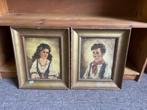 Framed Boy and Girl Lithograph Art Prints in Frames