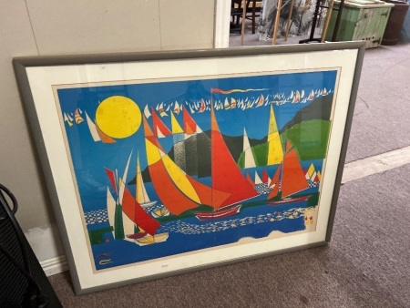 Large Beach Style Print of Sailboats in Frame