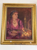 Gold Framed Oil Painting of Woman in Purple Dress