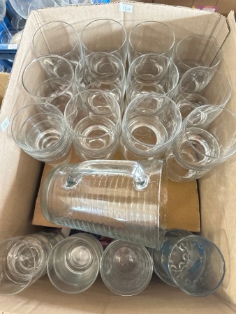 Box Lot of Drinking Glasses and Pitcher