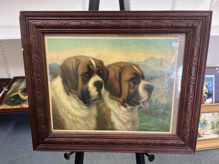 Vintage Framed Print Featuring Saint Bernard Dogs in a Landscape