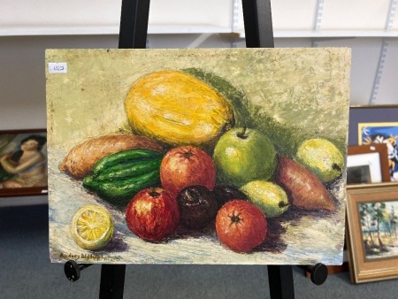 Still Life of Fruit Bowl Oil on Board by Audrey Biddulph - Signed