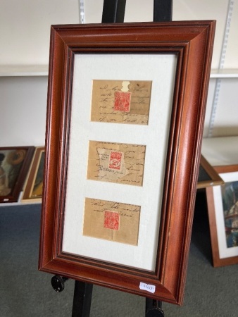 Wooden Frame Containing Historical Papers and Postage Stamps