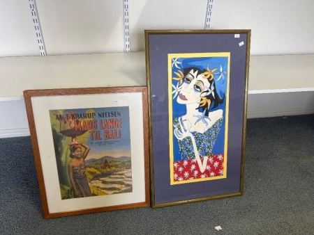 2 x Framed Prints Featuring a Woman Stylized Portrait and Vintage Bali Cover Illustration