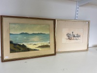 Framed Watercolour of Byron Bay by a Ingles and Framed 'Vege Man' by Ken Farron