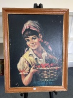 Oil on Board Featuring Smiling Woman Holding Cherries