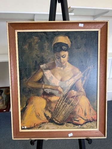 Oil on Board Featuring Woman Practicing Weaving Art - Signed