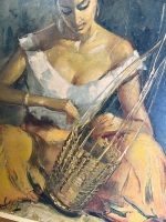 Oil on Board Featuring Woman Practicing Weaving Art - Signed - 2