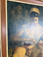 Oil on Board Featuring Woman Practicing Weaving Art - Signed - 5