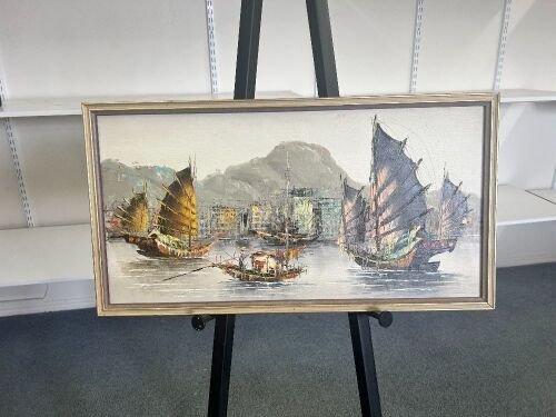 Framed Oil on Board Featuring Viking Style Boats - Signed