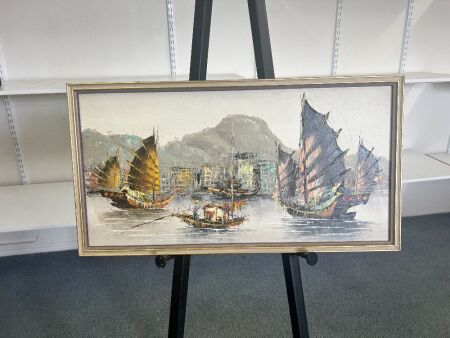 Framed Oil on Board Featuring Viking Style Boats - Signed