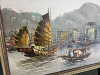 Framed Oil on Board Featuring Viking Style Boats - Signed - 2