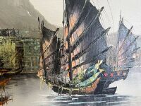 Framed Oil on Board Featuring Viking Style Boats - Signed - 3