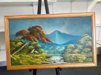 Large Lanscape Oil on Board Featuring Mountain and Lush Trees - Signed