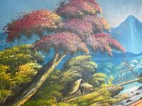 Large Lanscape Oil on Board Featuring Mountain and Lush Trees - Signed - 2