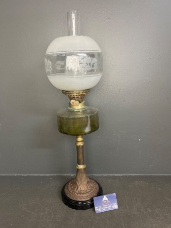Victorian banquet oil lamp etched frosted globe cast base