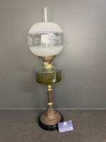 Victorian banquet oil lamp etched frosted globe cast base