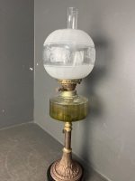 Victorian banquet oil lamp etched frosted globe cast base - 2