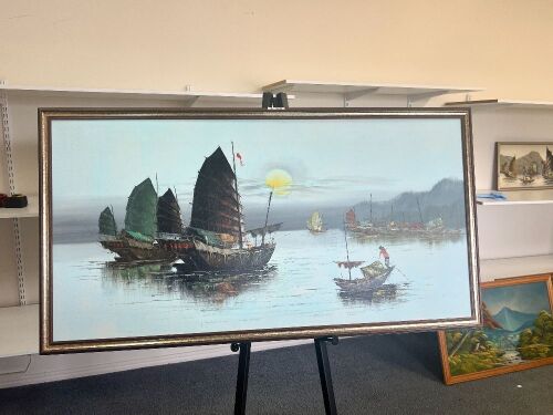 Large Oil in Frame Featuring Viking Style Boats at Sunset