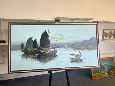 Large Oil in Frame Featuring Viking Style Boats at Sunset