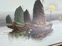 Large Oil in Frame Featuring Viking Style Boats at Sunset - 2