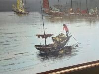 Large Oil in Frame Featuring Viking Style Boats at Sunset - 3