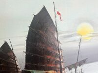 Large Oil in Frame Featuring Viking Style Boats at Sunset - 4