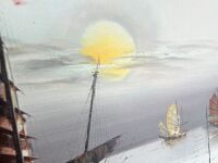 Large Oil in Frame Featuring Viking Style Boats at Sunset - 5