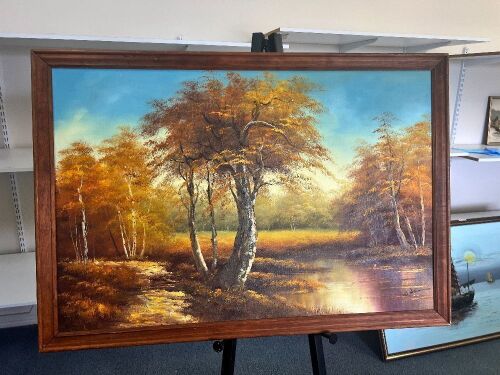 Large Framed Oil on Board Featuring Autumn-Style Trees