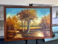 Large Framed Oil on Board Featuring Autumn-Style Trees