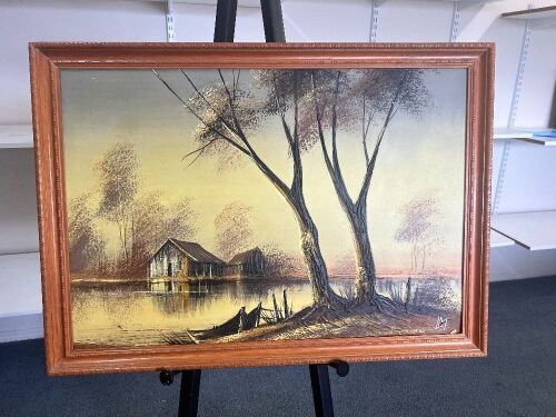 Oil on Board Framed Artwork Featuring House on Water