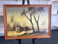 Oil on Board Framed Artwork Featuring House on Water