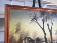 Oil on Board Framed Artwork Featuring House on Water - 3
