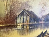 Oil on Board Framed Artwork Featuring House on Water - 4