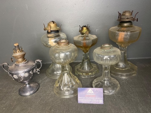 Box lot six small glass and metal kerosene table lamps