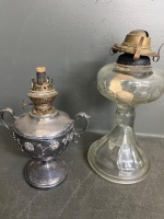Box lot six small glass and metal kerosene table lamps - 4