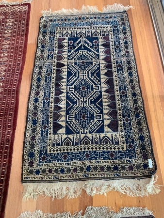 Smaller Hand Knotted Persian Wool Rug in Blue and Brown with Star and Temple Design