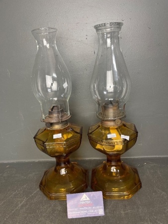 Pair amber octagonal Greek key Miller Nutmeg lamps