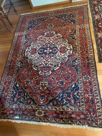Vintage Hand Knotted Persian Rug with Red and Blue Design with Central Rosette