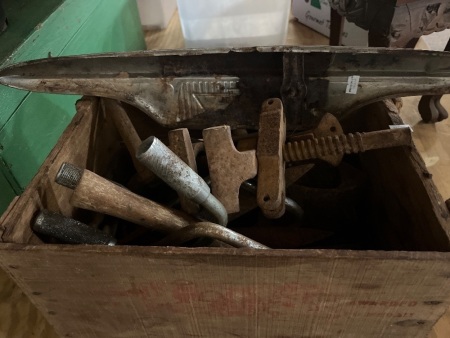 Wooden Box with Assorted Tools, Vintage Items etc