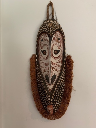 Carved and Painted PNG Tribal Mask with Inlaid Kauri Shells and Beard