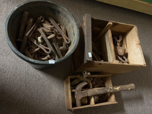Pot of 38 Chain, Railway Spikes and 2 Wooden Boxes of Metal Items