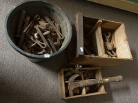 Pot of 38 Chain, Railway Spikes and 2 Wooden Boxes of Metal Items