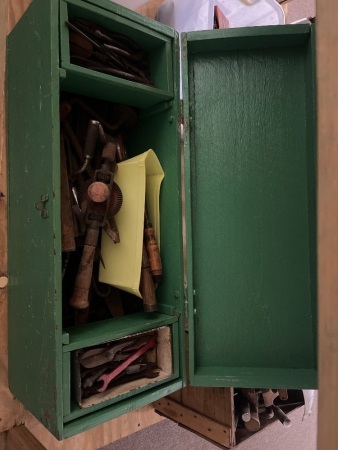 Vintage Wooden Carpentry Box with Assorted Tools