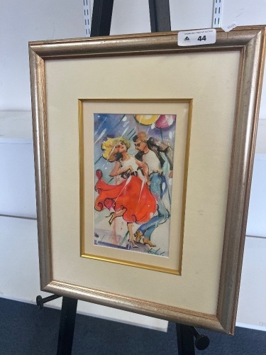 Framed Watercolour Featuring a Woman Dancing with Man - Signed Leeka G