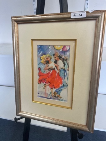 Framed Watercolour Featuring a Woman Dancing with Man - Signed Leeka G