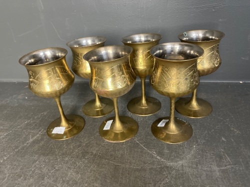 Set of six engraved brass stemmed goblets